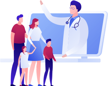 graphic of a family in front of a laptop with a doctor coming out of the laptop
